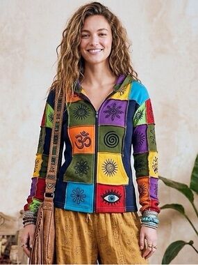 Patchwork Multicolor Zip Hoodie made in Nepal 100% Cotton